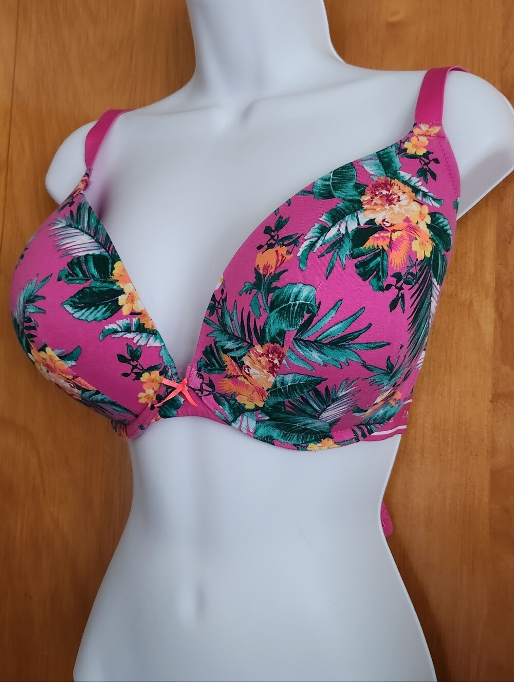 Cacique Cotton Boost Plunge Pink Tropical Floral Bra Size 44C - Picture 2 of 11